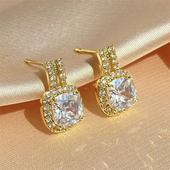 Cubic Zirconia Square Golden Stud Earrings - Picture 1 of 3